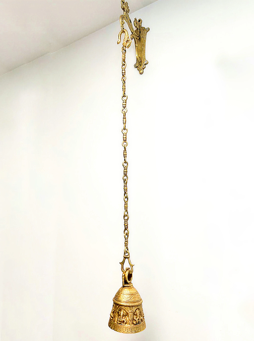 Brass Temple bell engraved with Ganesha in musical avatars having peacock hooks