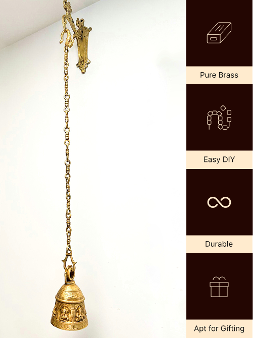 Brass Temple bell engraved with Ganesha in musical avatars having peacock hooks