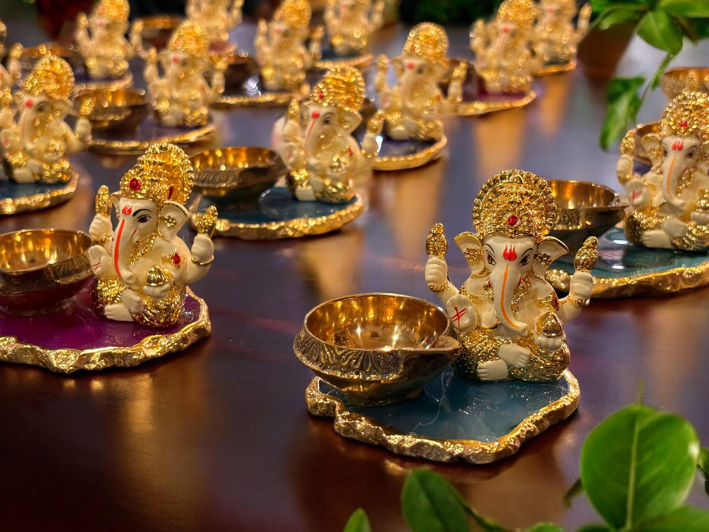 Divine Mukut Ganesha on agate with brass diya