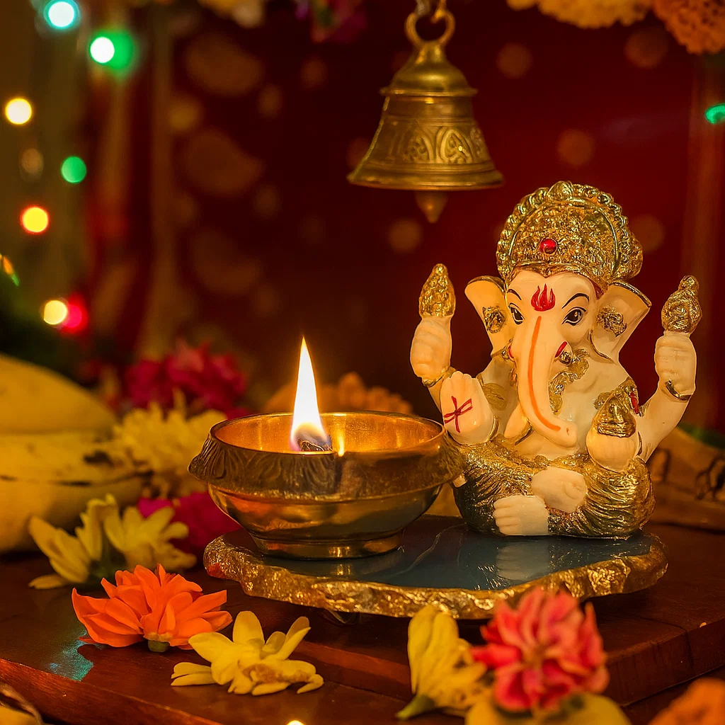 Divine Mukut Ganesha on agate with brass diya