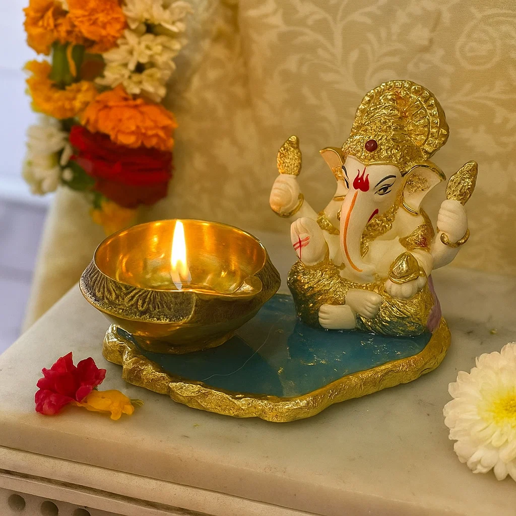 Divine Mukut Ganesha on agate with brass diya