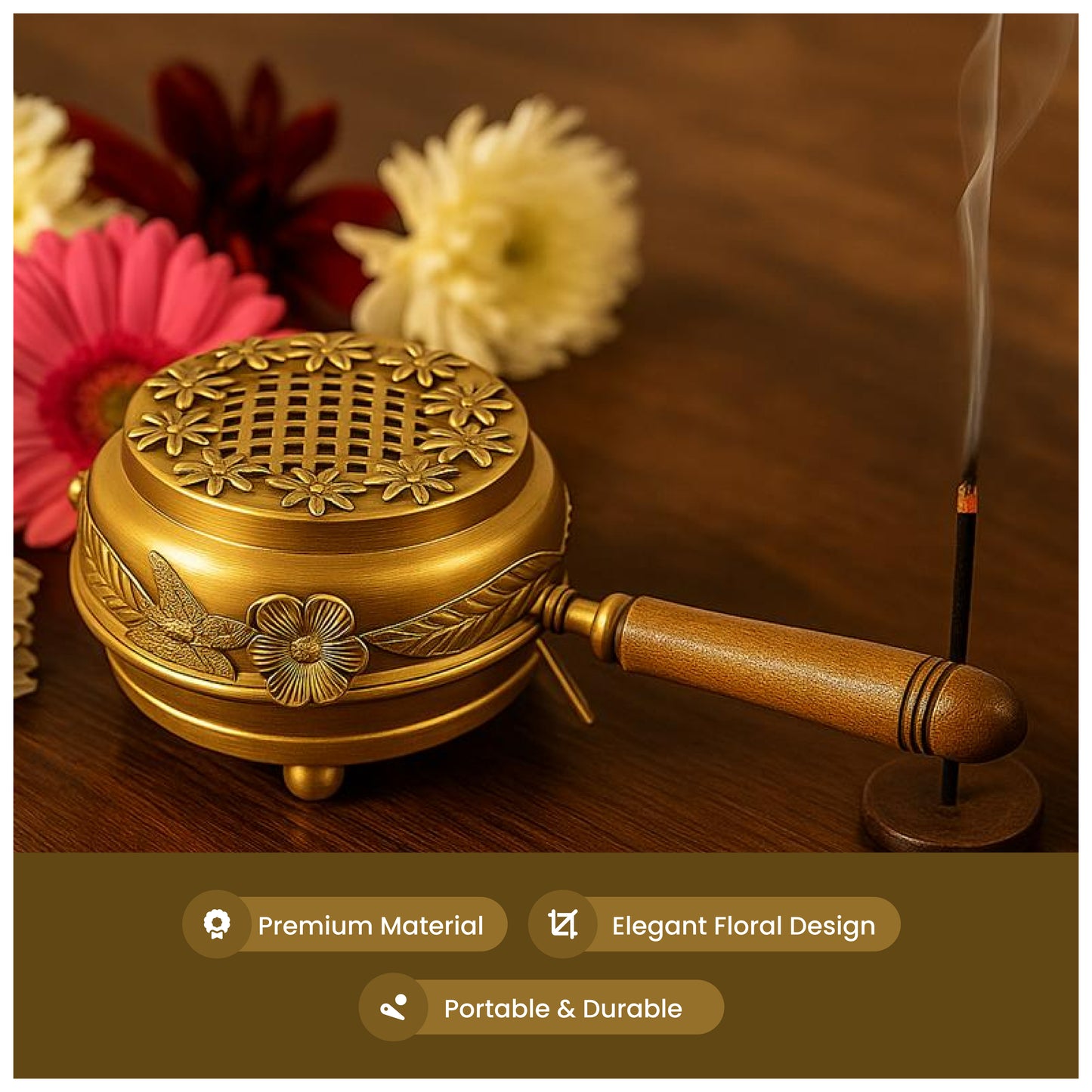 Handmade Brass Incense Burner With Wooden Handle