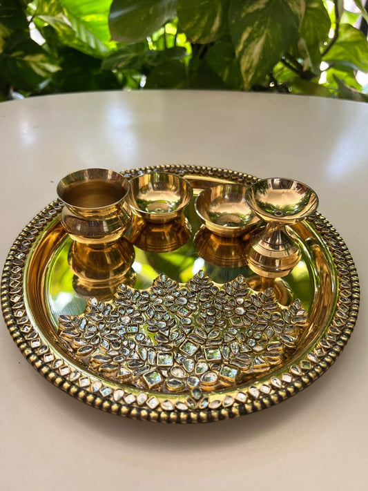 Brass Pooja Thali set with Kundan work (8 inch)