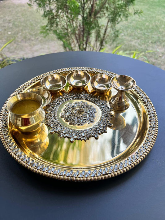 Brass Pooja Thali set with Kundan work (10 inch)