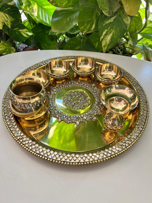 Brass Pooja Thali set with Kundan work (12 inch)