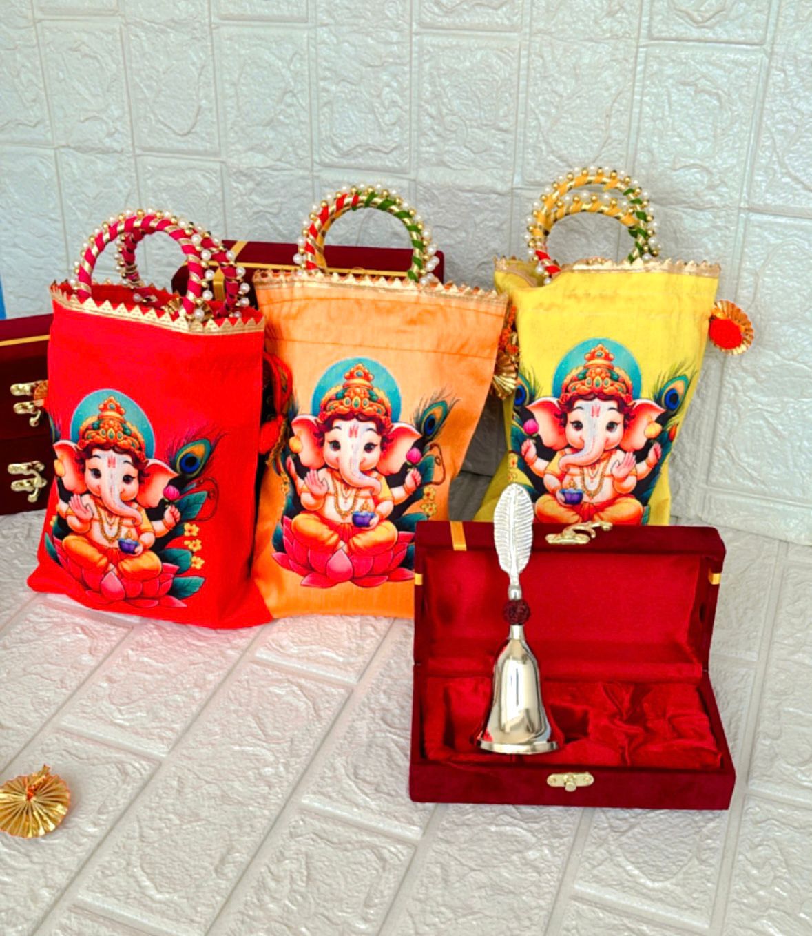 Rudraksh Silver Leaf Bell  in velvet box