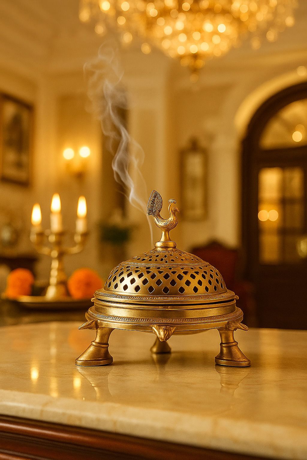 Brass Peacock Incense Dhoop Burner on a 3 legged Tortoise