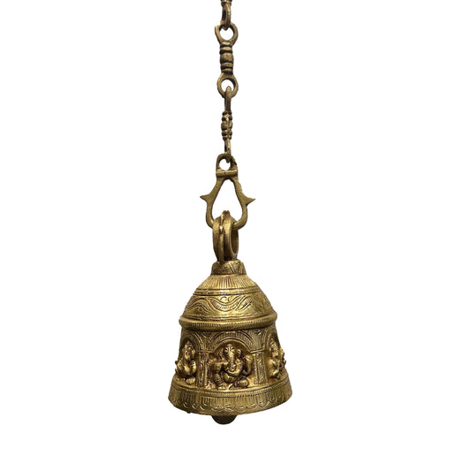 Brass Temple bell engraved with Ganesha in musical avatars having peacock hooks