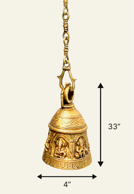 Brass Temple bell engraved with Ganesha in musical avatars having peacock hooks