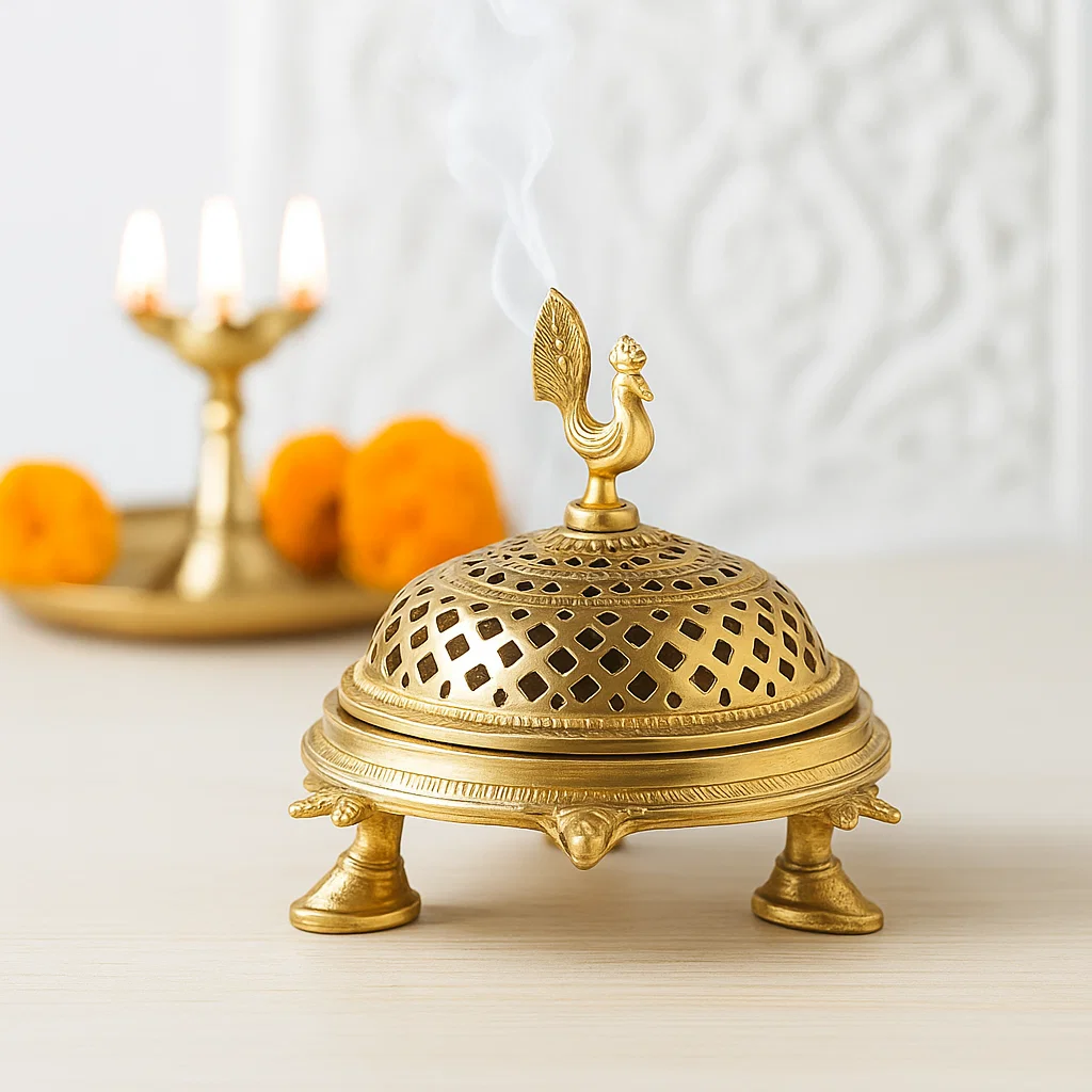 Brass Peacock Incense Dhoop Burner on a 3 legged Tortoise
