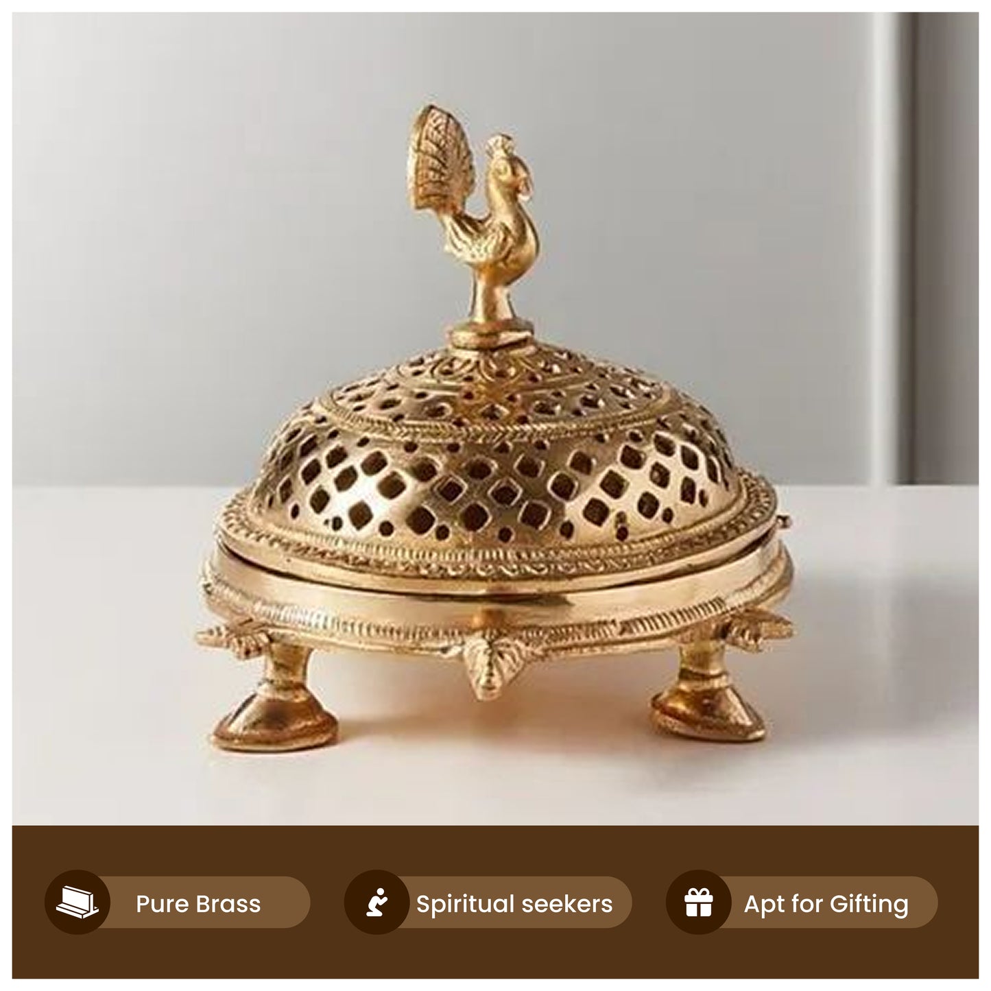 Brass Peacock Incense Dhoop Burner on a 3 legged Tortoise