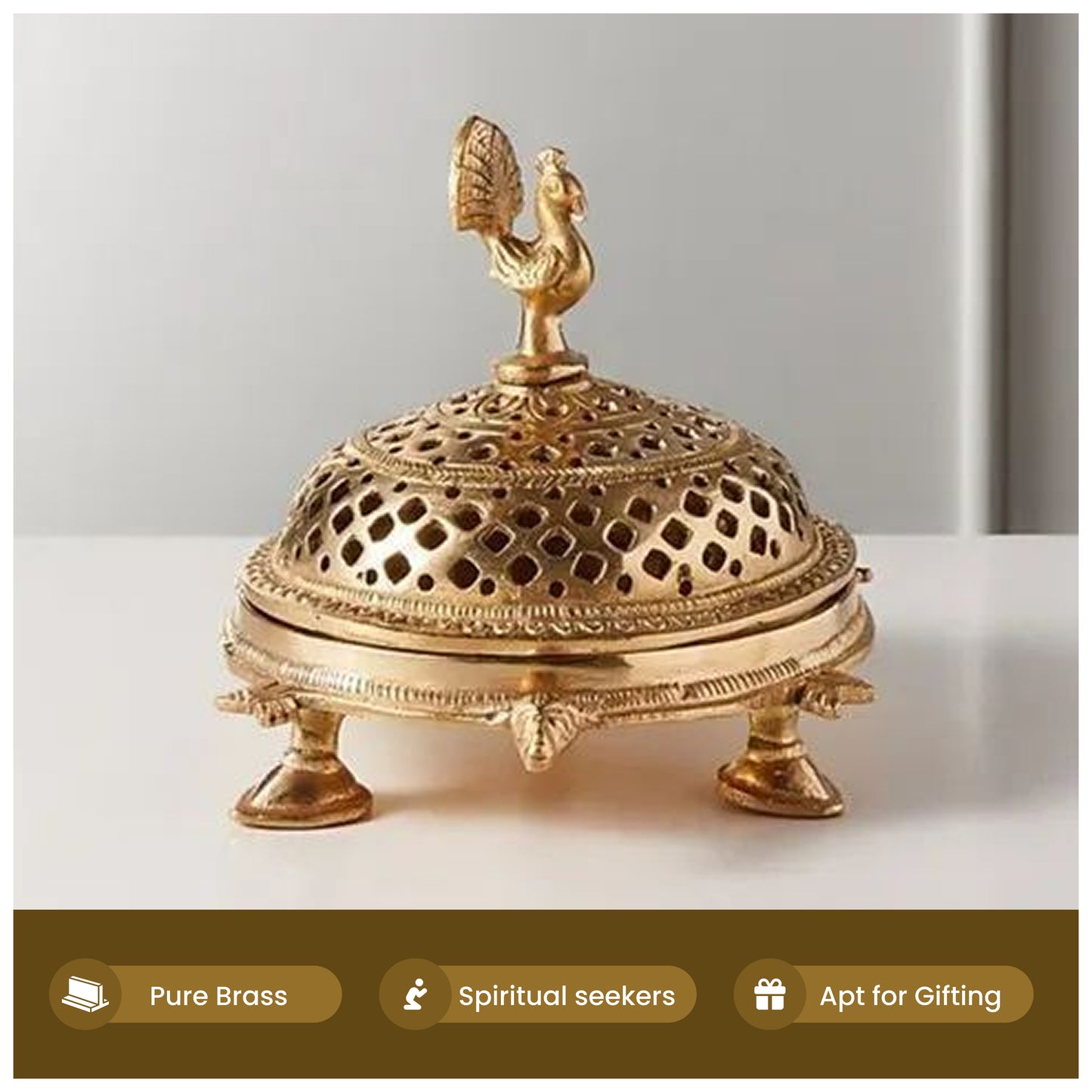 Brass Peacock Incense Dhoop Burner on a 3 legged Tortoise
