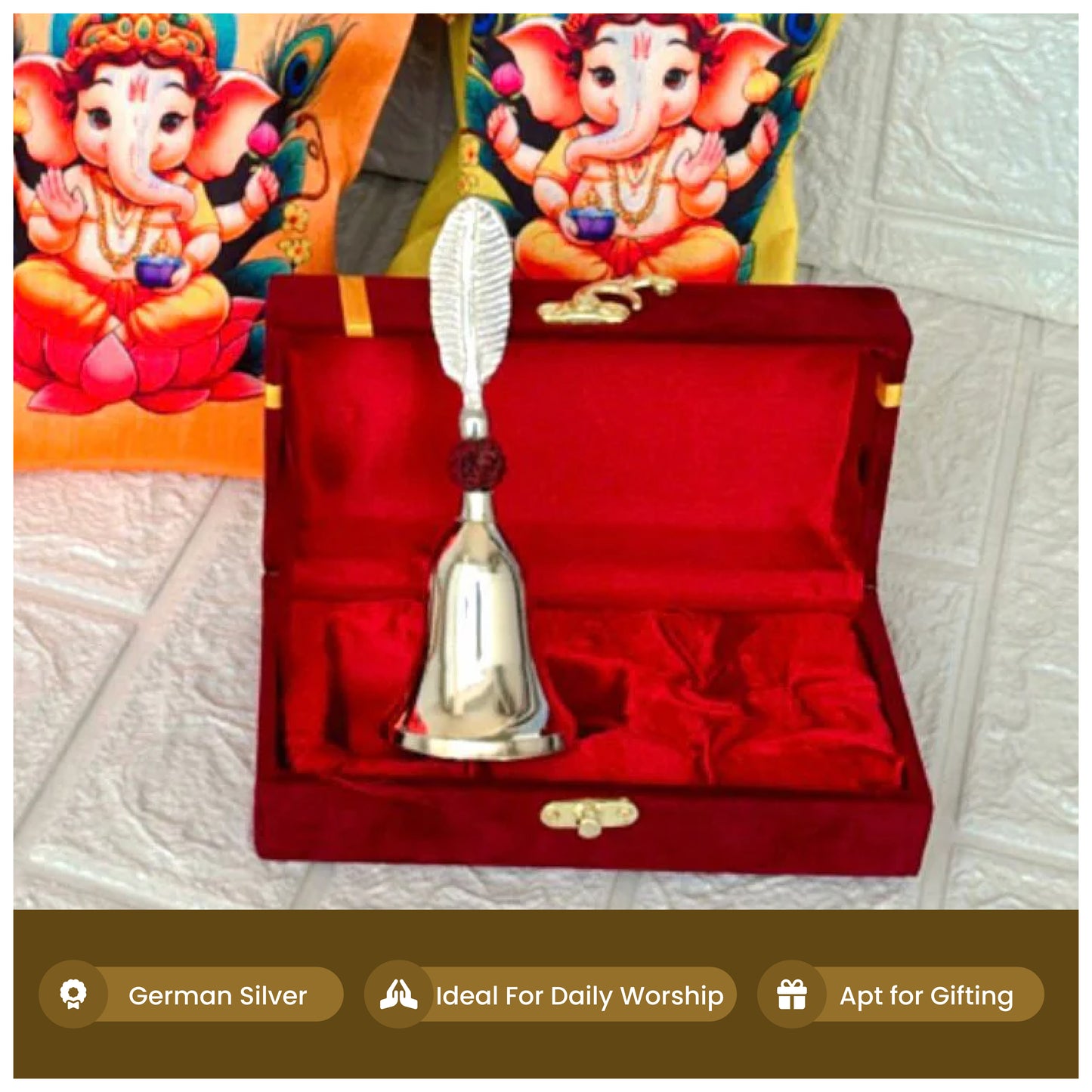 Rudraksh Silver Leaf Bell  in velvet box