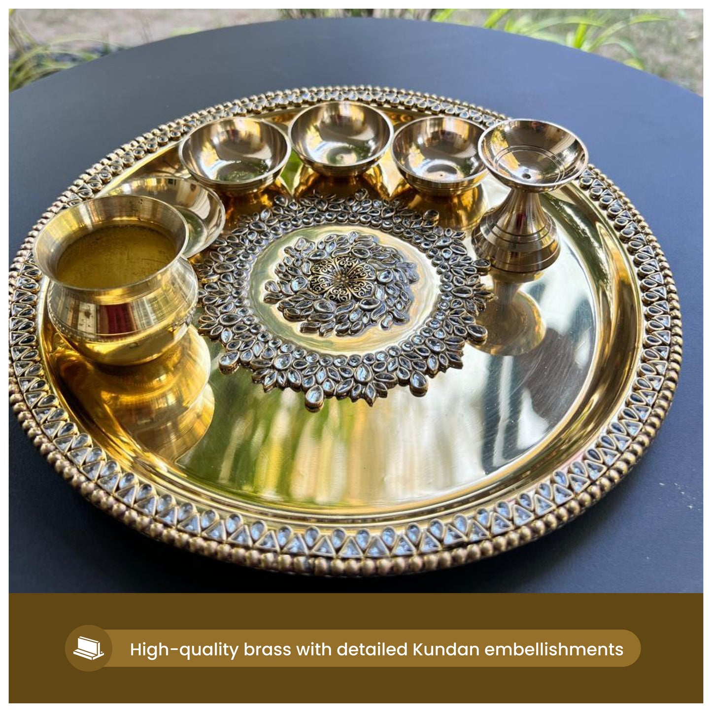 Brass Pooja Thali set with Kundan work (10 inch)