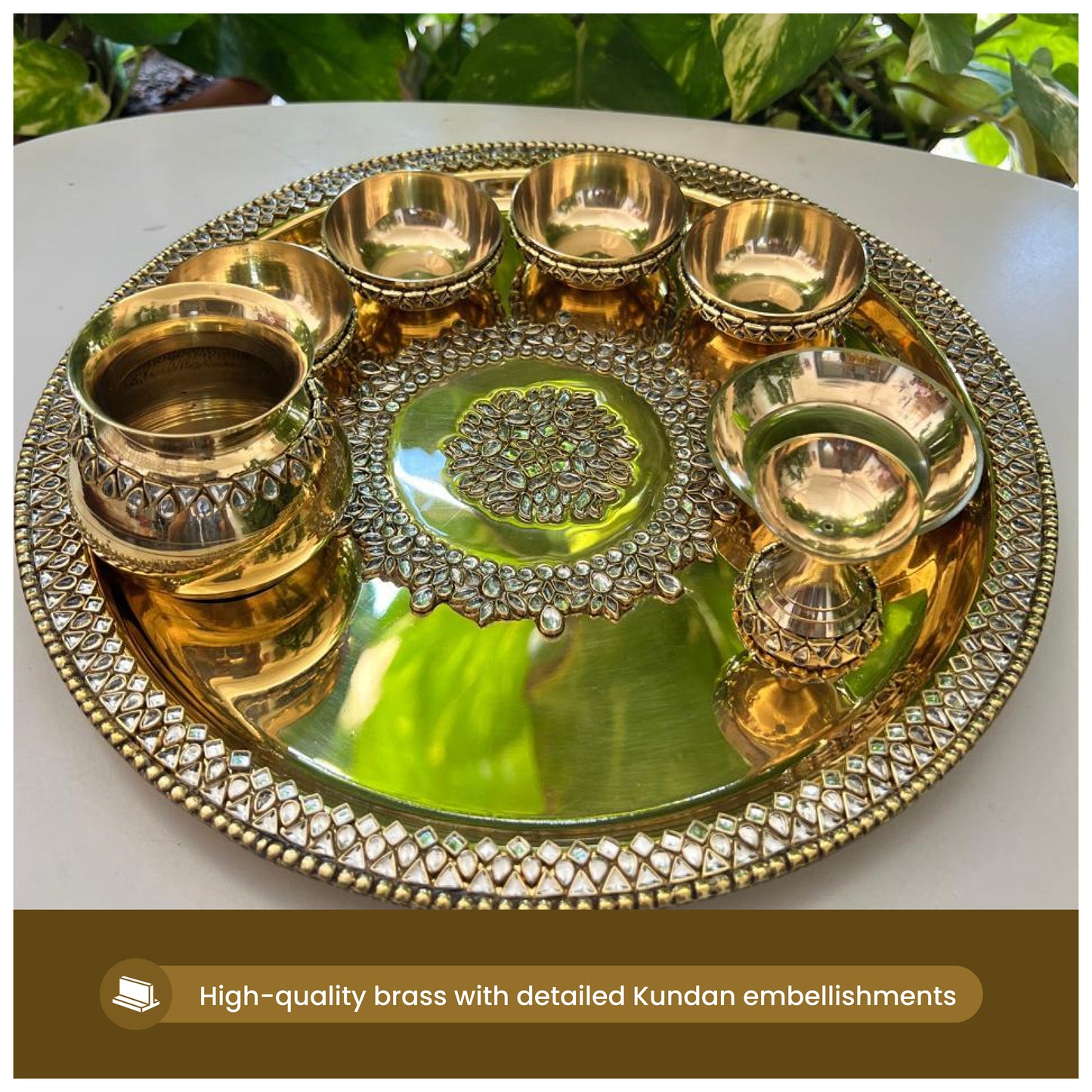Brass Pooja Thali set with Kundan work (12 inch)