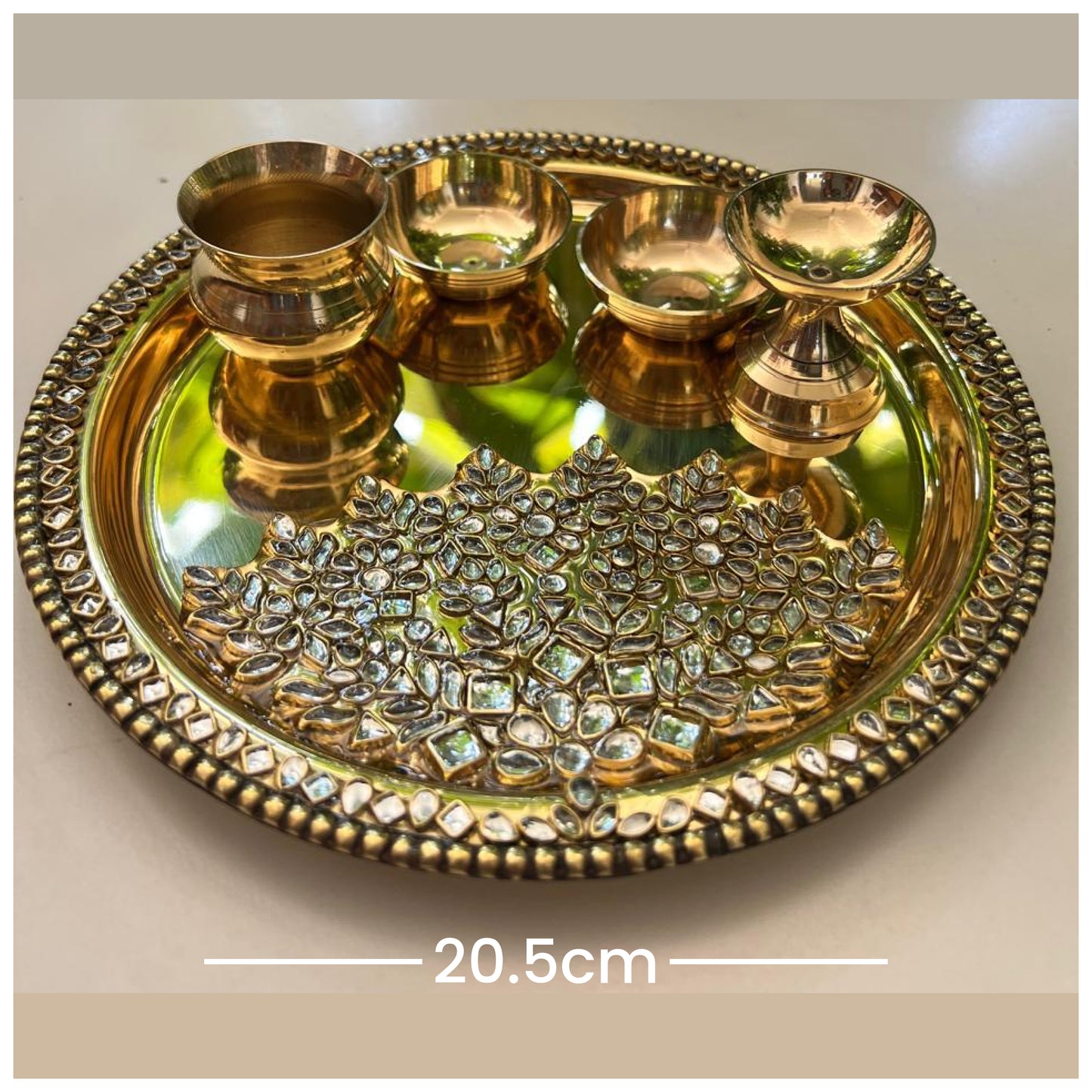 Brass Pooja Thali set with Kundan work (8 inch)