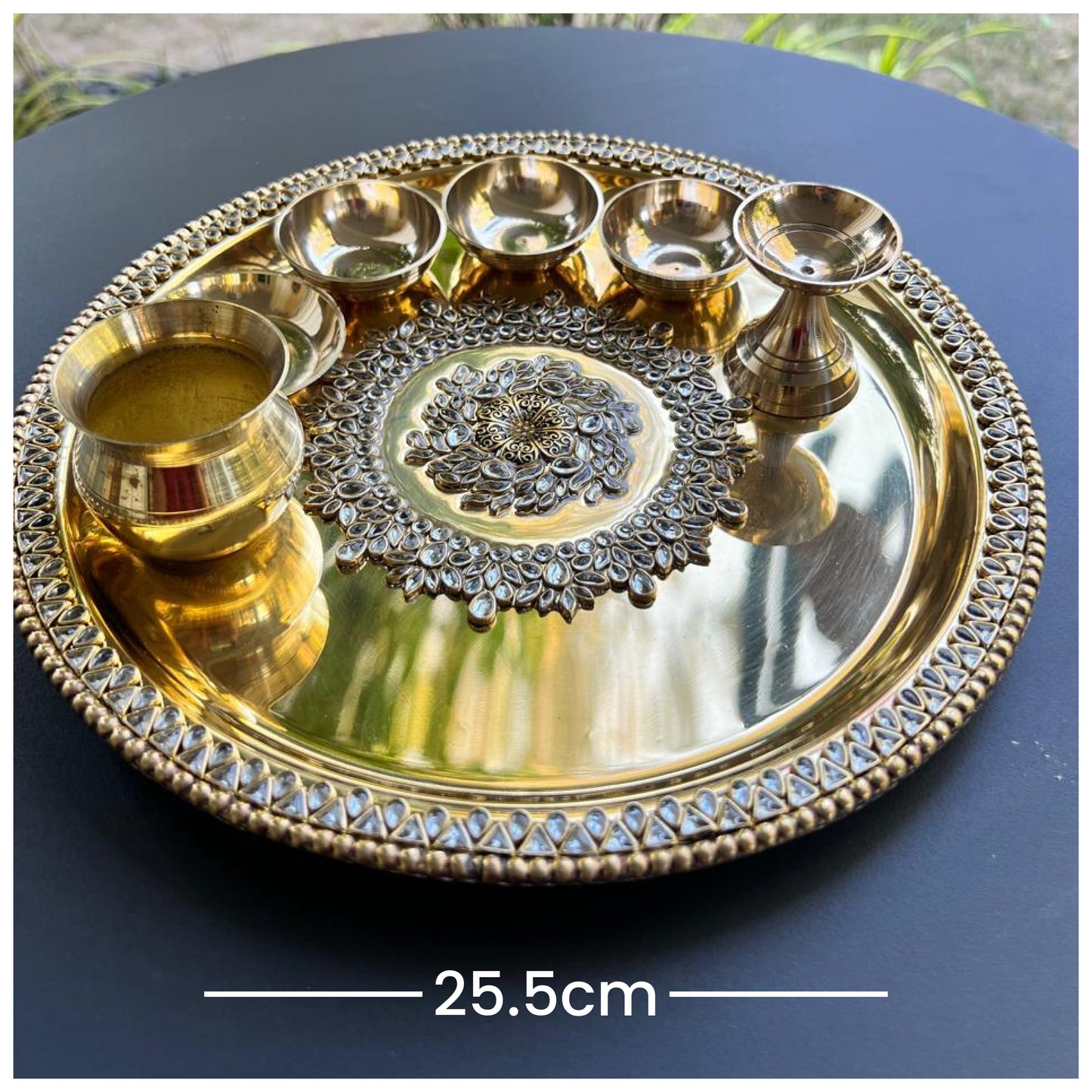 Brass Pooja Thali set with Kundan work (10 inch)
