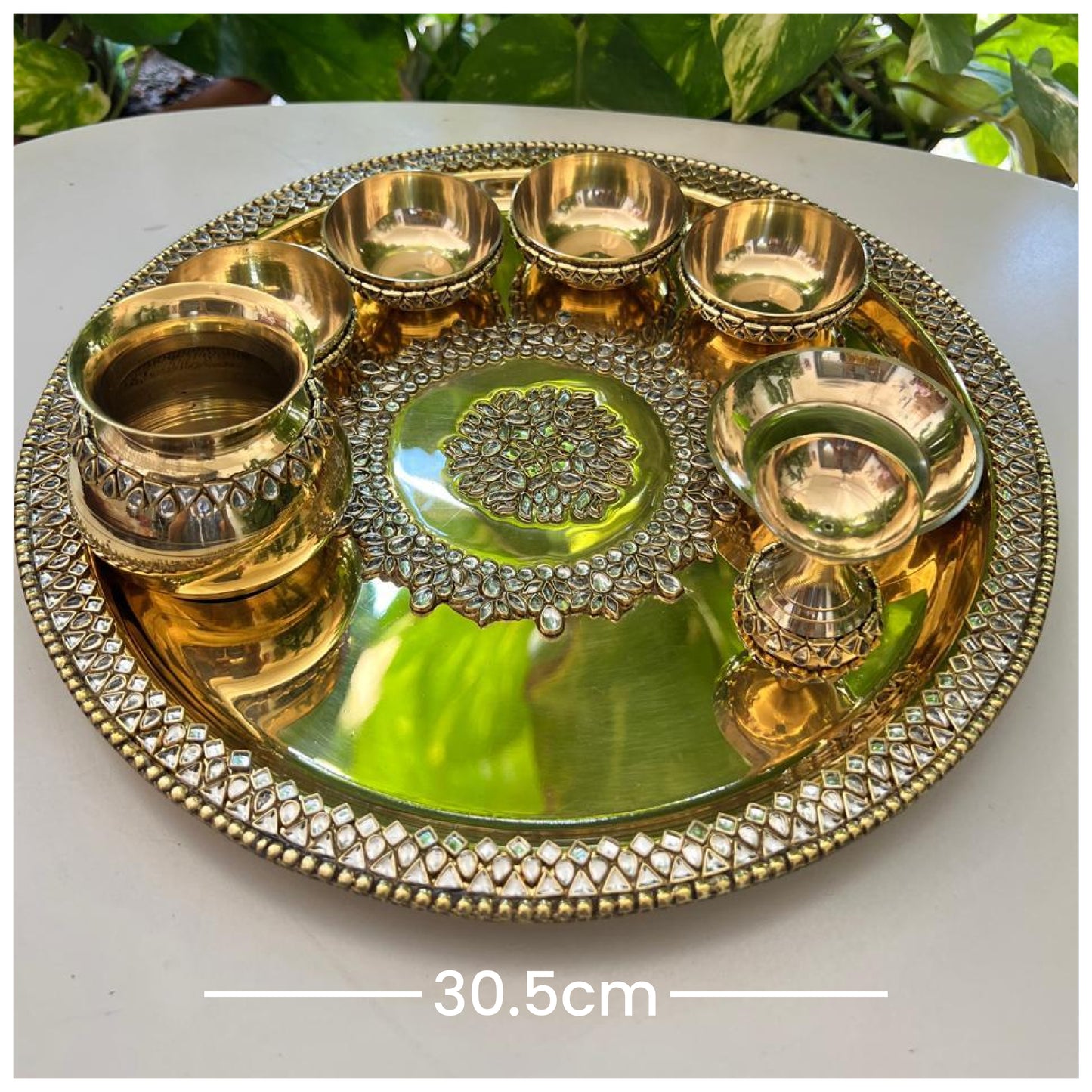 Brass Pooja Thali set with Kundan work (12 inch)