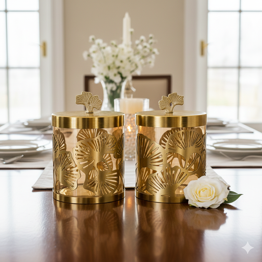 Ginko Leaf Glass Jar Set of 2