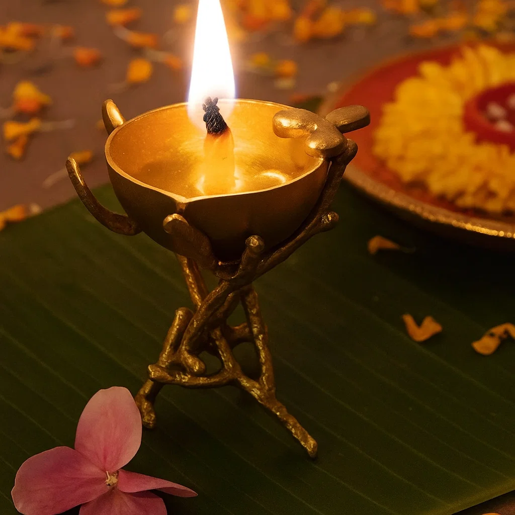 Brass unique diya on a brass branch