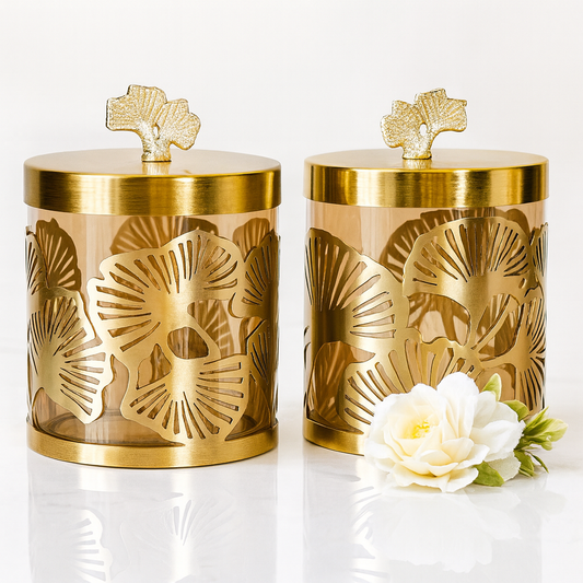 Ginko Leaf Glass Jar Set of 2