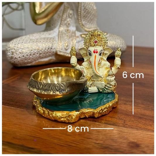 Divine Mukut Ganesha on agate with brass diya on Agate Stone